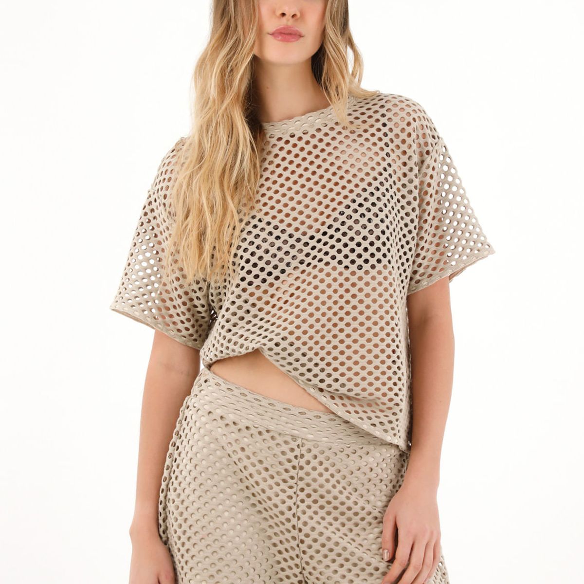 TOPMARK - Camiseta oversize en tela tipo malla café para mujer