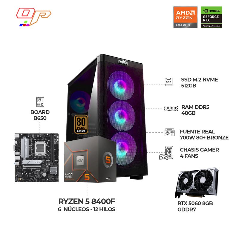 AMD - COMPUTADOR GAMER RYZEN 5 8400F+ RTX 5060 8GB- RAM 48GB- SSD 512GB BOARD B650
