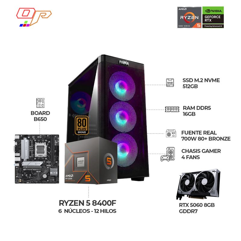 AMD - COMPUTADOR GAMER RYZEN 5 8400F+ RTX 5060 8GB- RAM 16GB- SSD 512GB BOARD B650