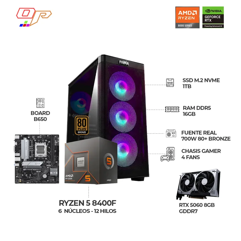 AMD - COMPUTADOR GAMER RYZEN 5 8400F+ RTX 5060 8GB- RAM 16GB- SSD 1TB BOARD B650