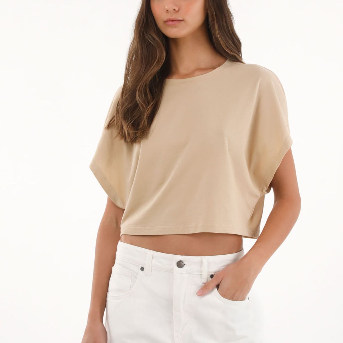 TOPMARK - Camiseta crop amplia café para mujer