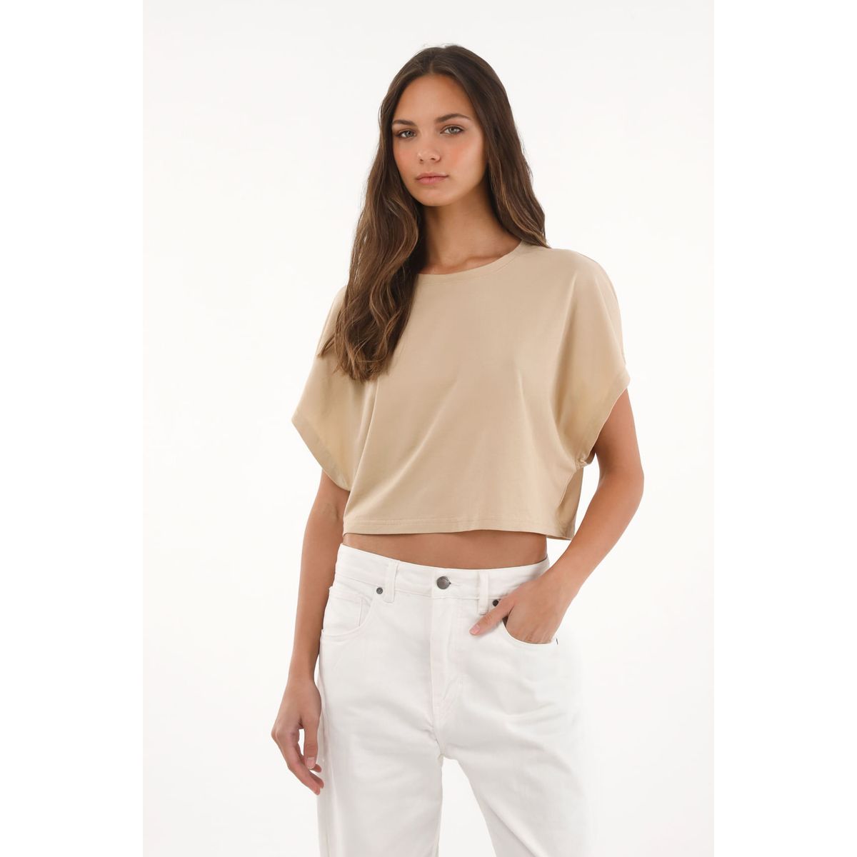 TOPMARK - Camiseta crop amplia café para mujer