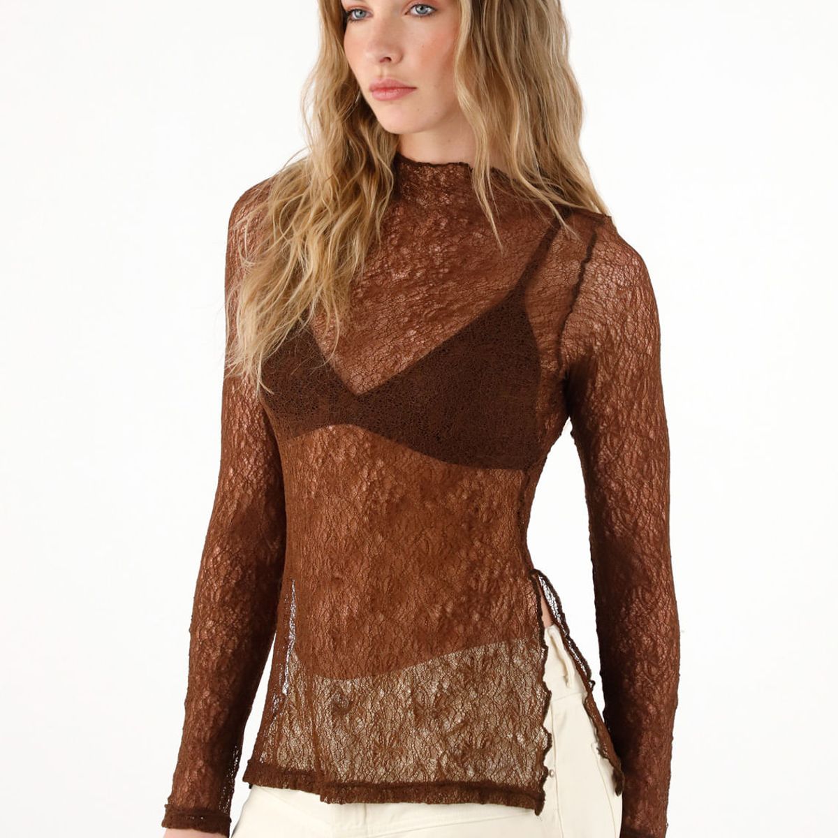 TENNIS - Camiseta manga larga de tela con textura café para mujer