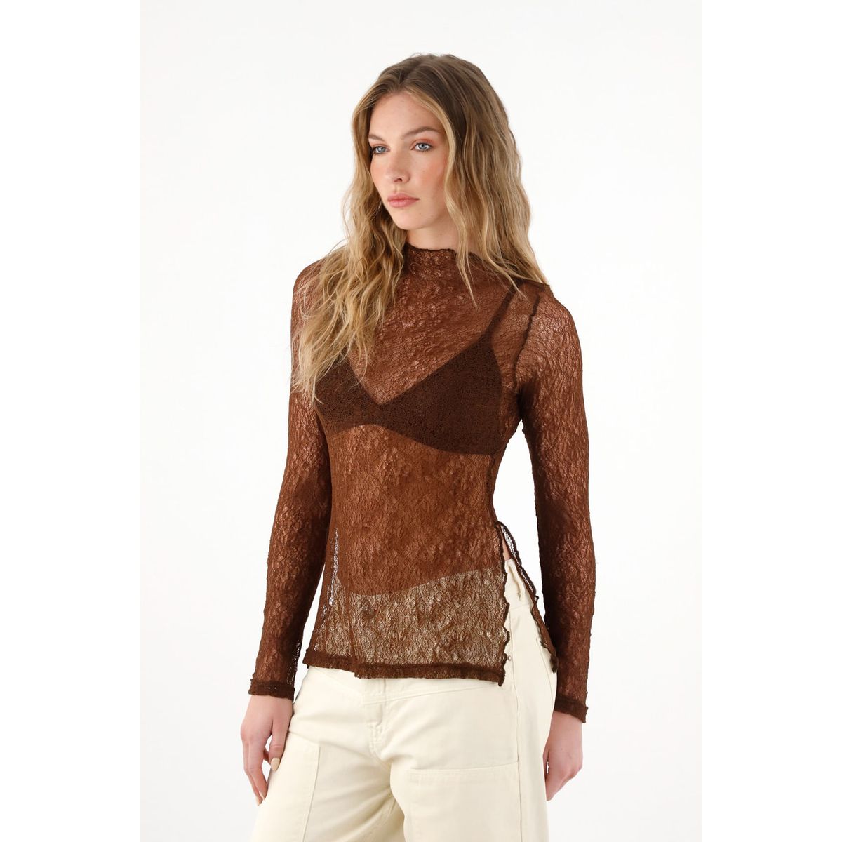 TENNIS - Camiseta manga larga de tela con textura café para mujer