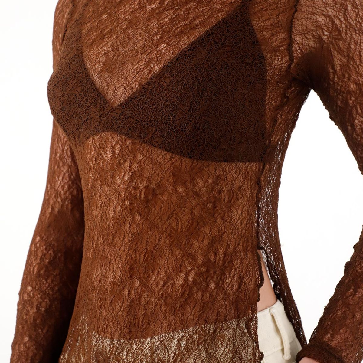 TENNIS - Camiseta manga larga de tela con textura café para mujer