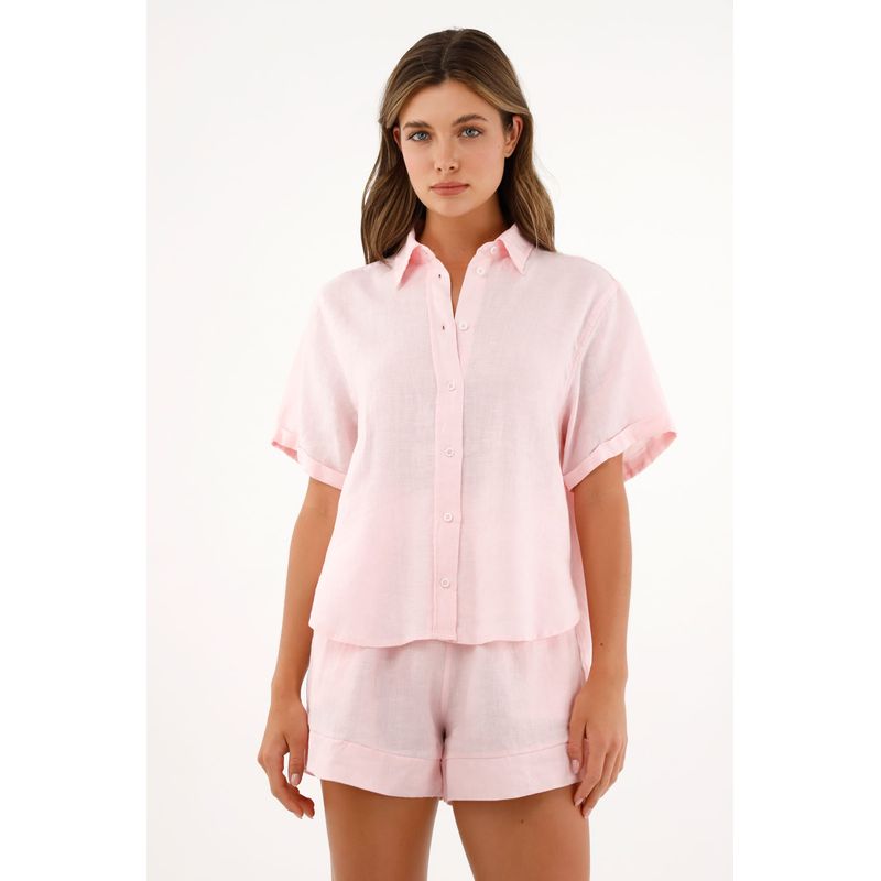 TENNIS - Camisa rosada manga corta en 100% lino para mujer