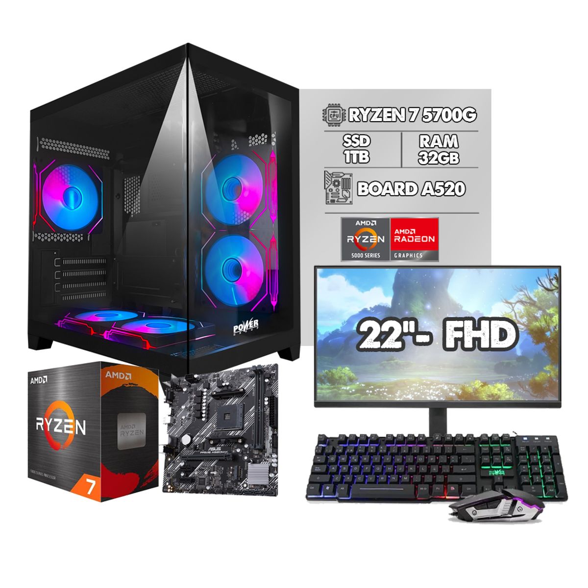 POWER GROUP - Torre Gamer Amd Ryzen 7 5700G / 32GB Ram / Ssd 1TB / Board A520 / Monitor 22”