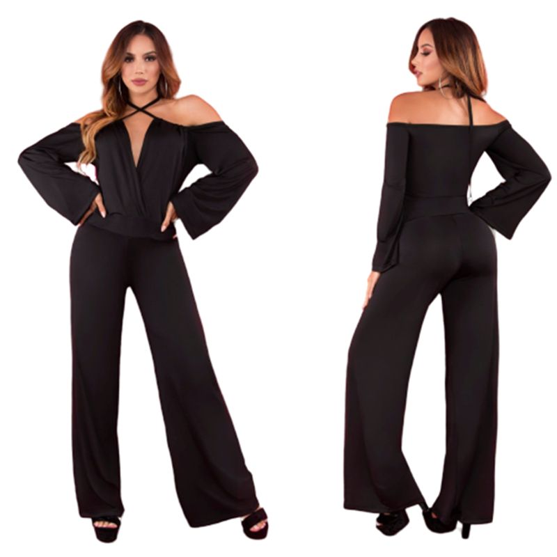 VIA7 - Enterizo bota recta manga larga escote busto v y tiras amarrar cuello