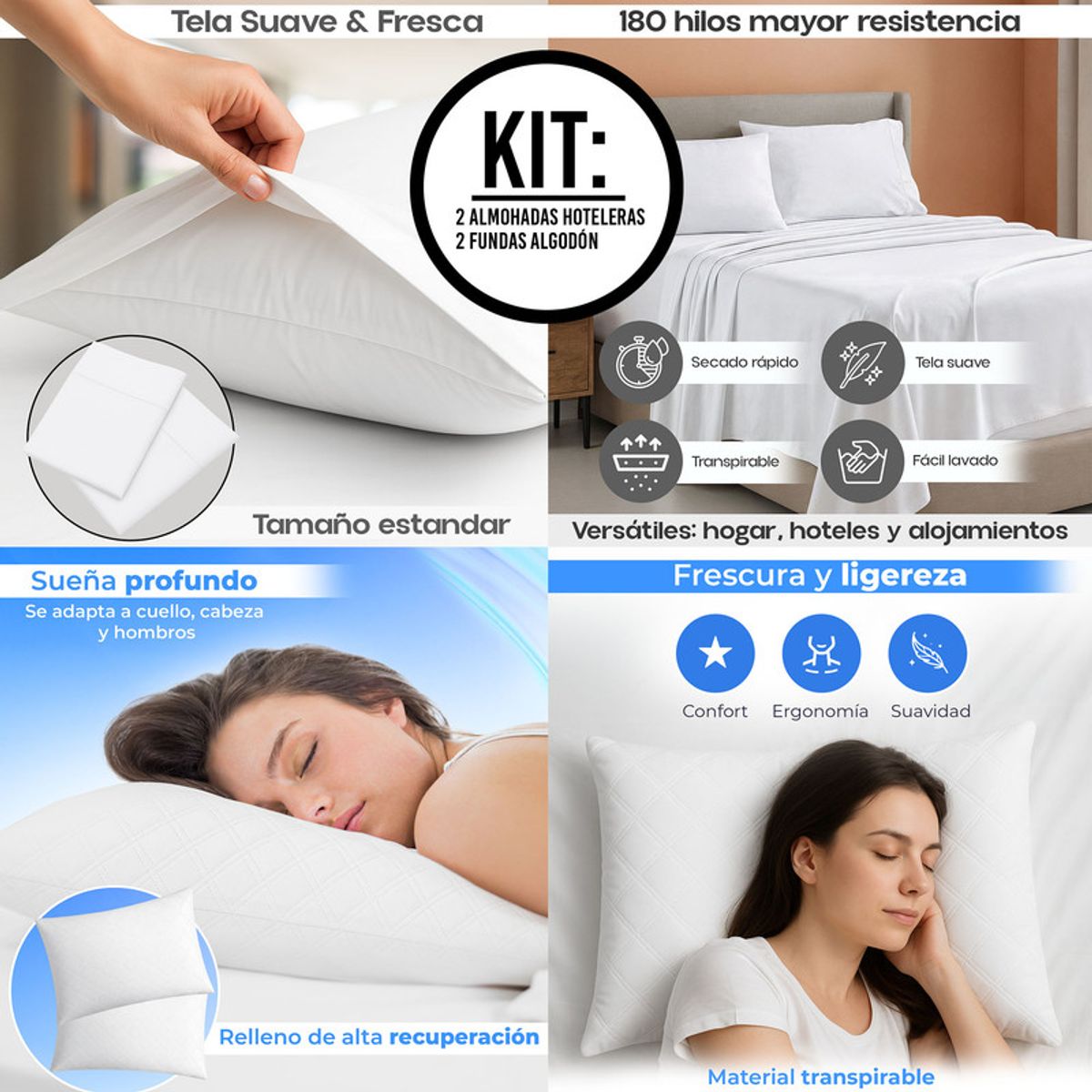 ENERGY PLUS - Combo 2 Almohadas Hotelera + 2 Fundas Algodón 180 Hilos