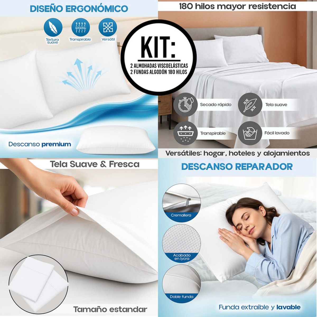 ENERGY PLUS - Combo 2 Almohadas Viscoelástica +2 Fundas Algodón 180 Hilos
