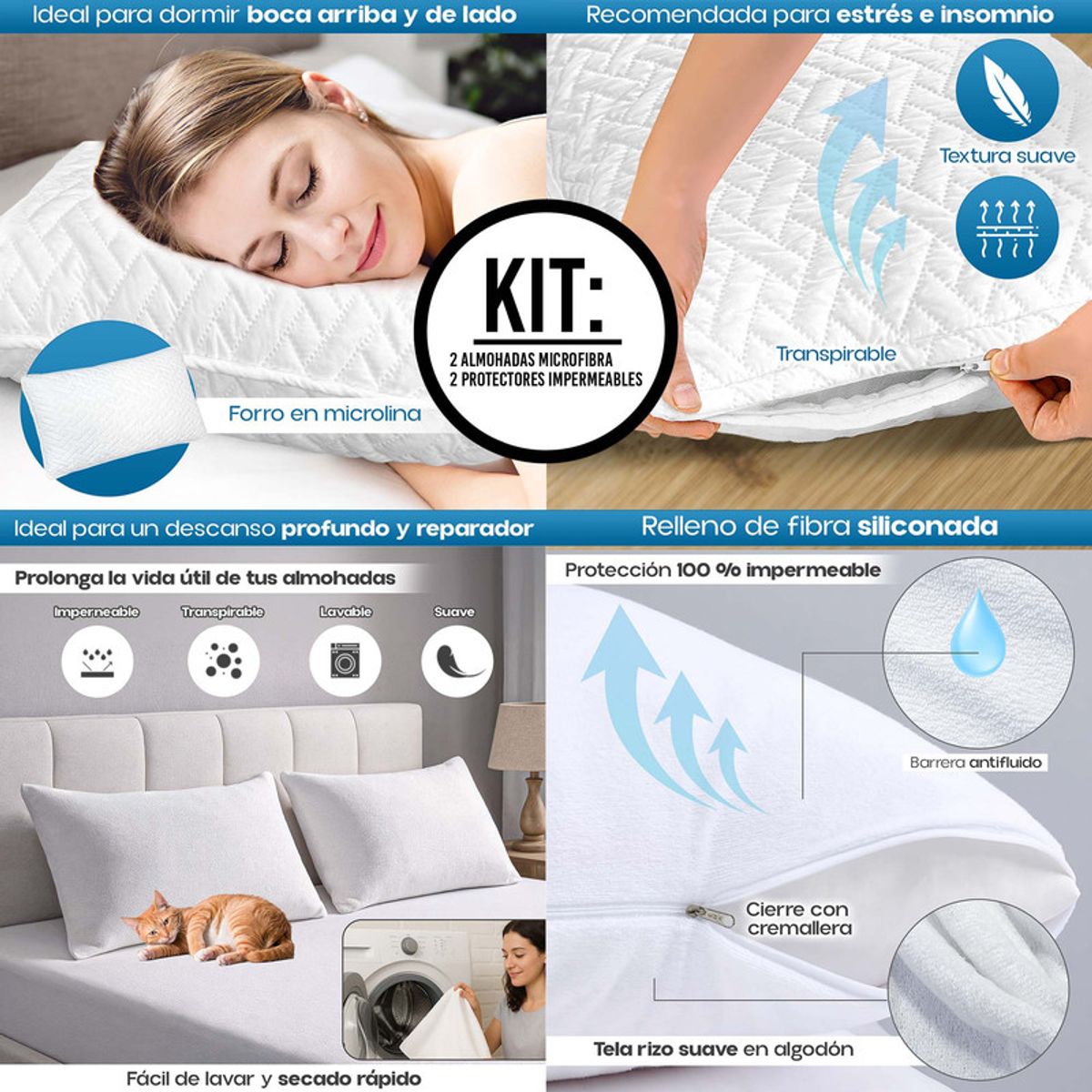 ENERGY PLUS - Combo 2 Almohadas Ultrasonido + 2 Protectores Algodón Suave