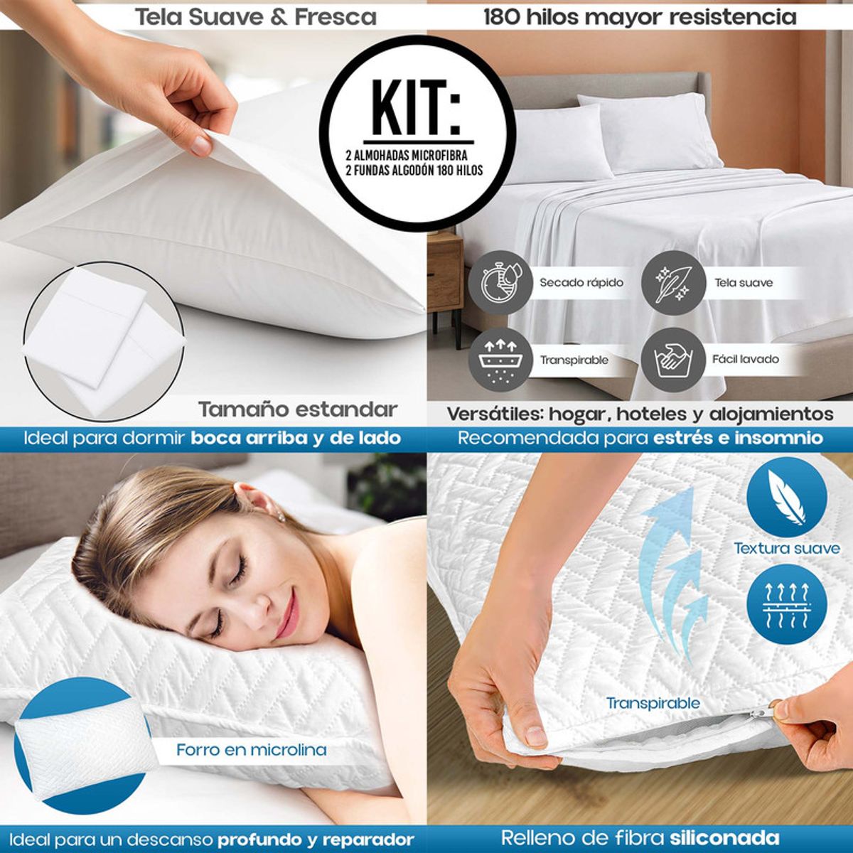 ENERGY PLUS - Combo 2 Almohadas Ultrasonido + 2 Fundas Algodón 180 Hilos