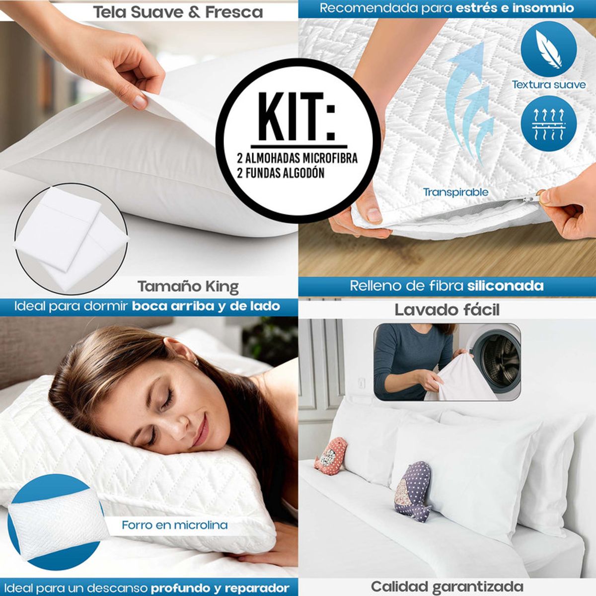 ENERGY PLUS - Combo x4 Almohadas Ultrasonido + Fundas Algodón XL 90x50