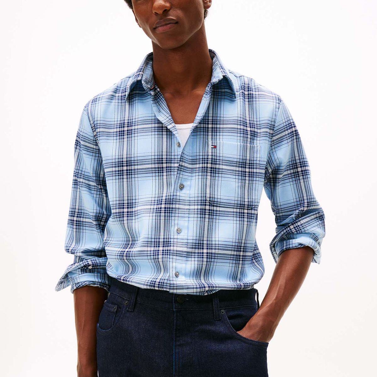 TOMMY HILFIGER - Camisa azul claro regular de sarga con cuadros Tommy Hilfiger