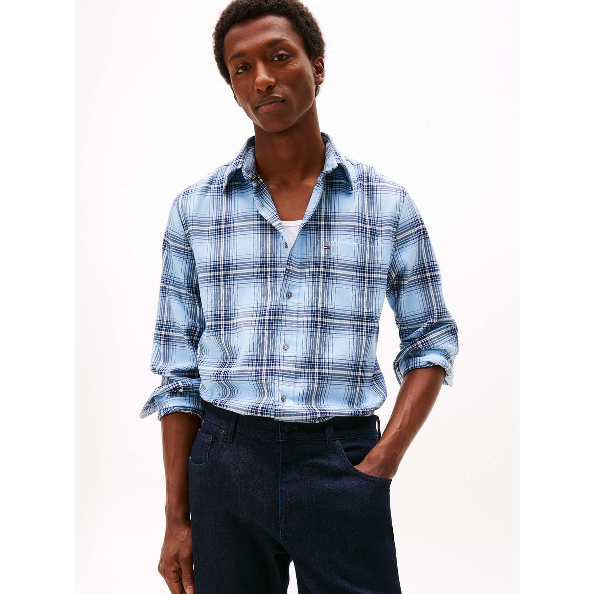 TOMMY HILFIGER - Camisa azul claro regular de sarga con cuadros Tommy Hilfiger