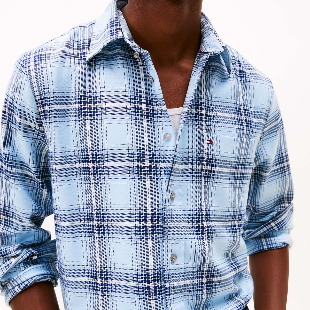 TOMMY HILFIGER - Camisa azul claro regular de sarga con cuadros Tommy Hilfiger