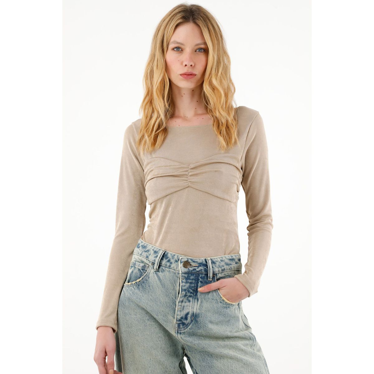 TENNIS - Camiseta brillante manga larga café para mujer