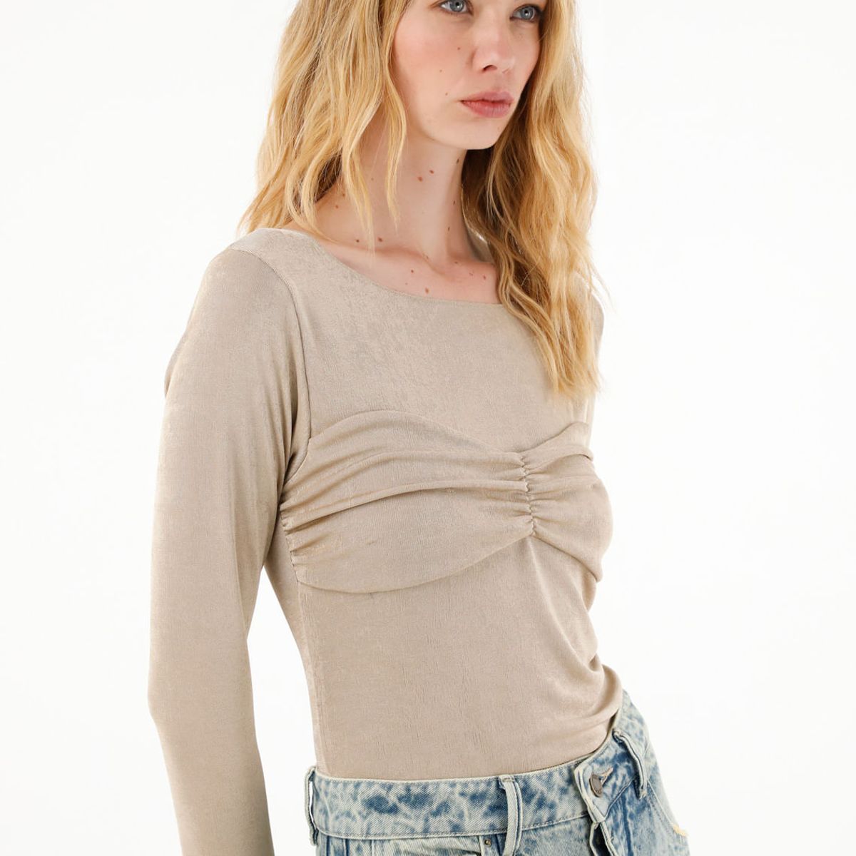 TENNIS - Camiseta brillante manga larga café para mujer