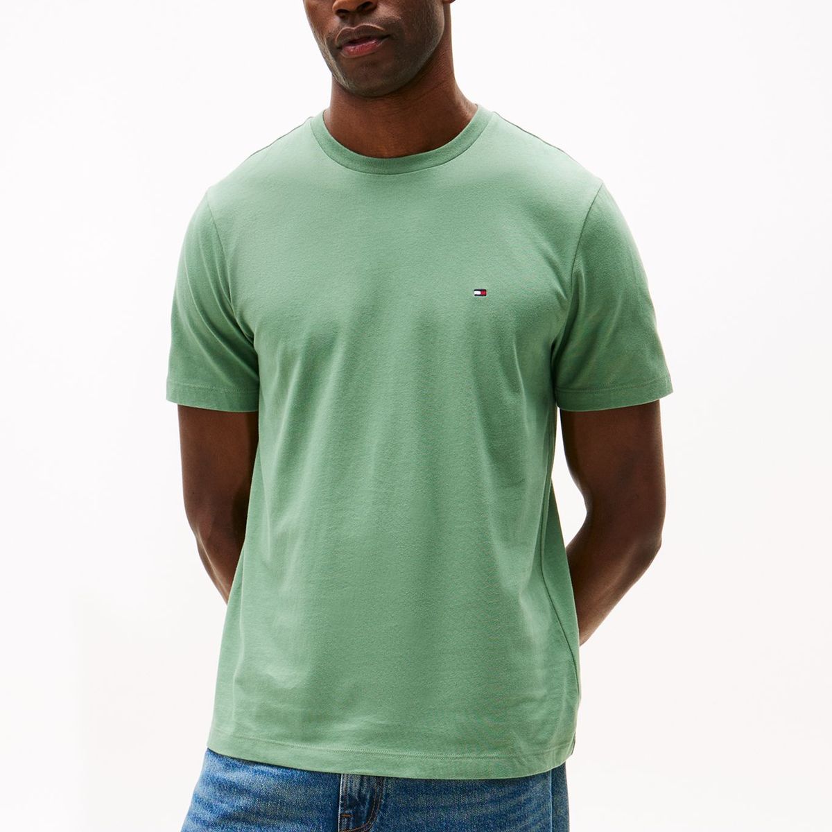 TOMMY HILFIGER - Camiseta verde de cuello redondo con logo bordado Tommy Hilfiger
