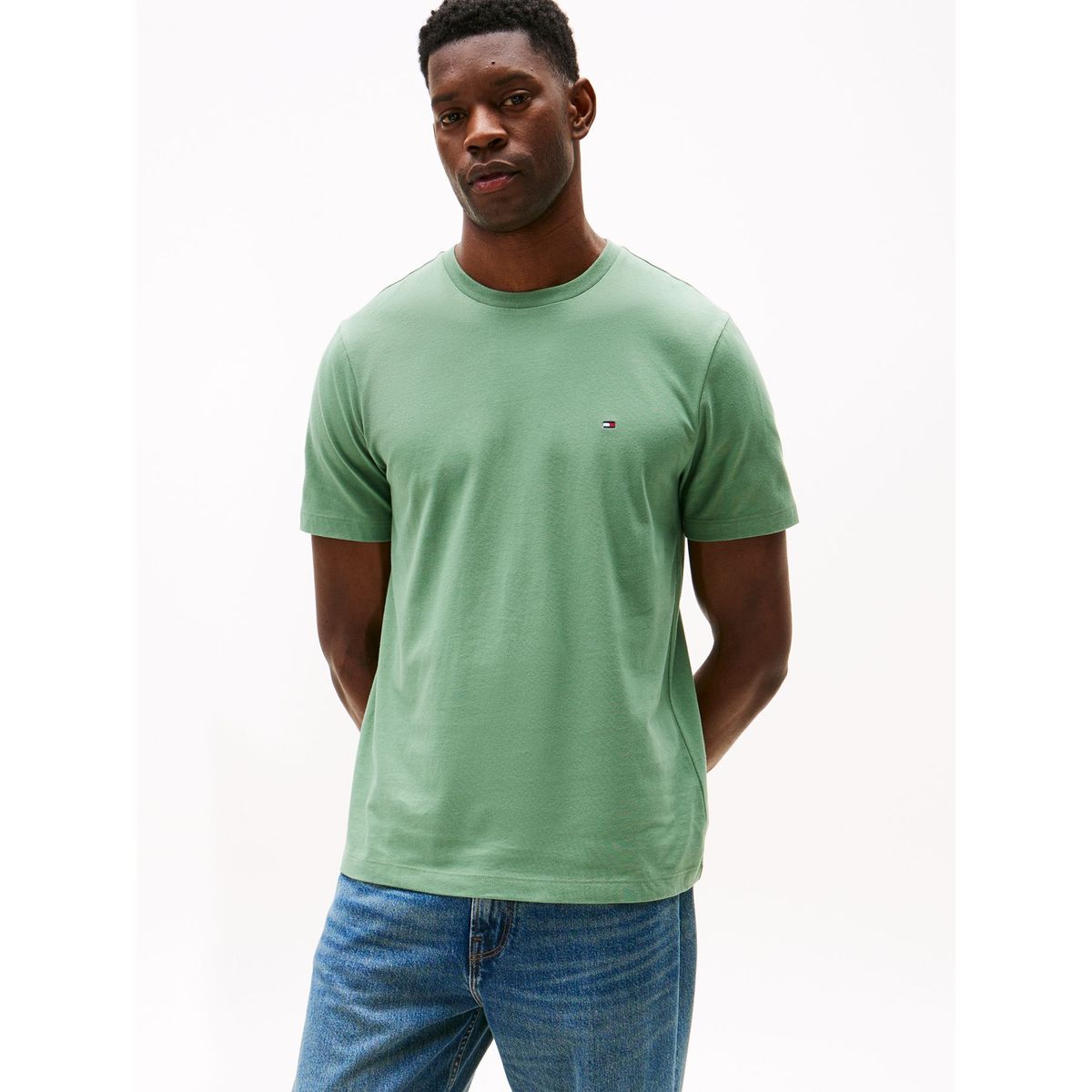 TOMMY HILFIGER - Camiseta verde de cuello redondo con logo bordado Tommy Hilfiger