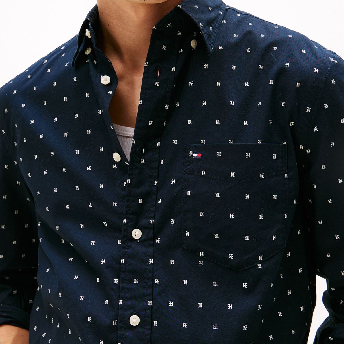TOMMY HILFIGER - Camisa azul oscuro de corte regular con popelina y estampado pequeño de puntos Tommy Hilfiger