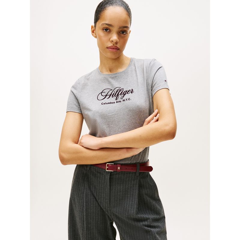 TOMMY HILFIGER - Camiseta gris de cuello redondo con logo bordado Tommy Hilfiger