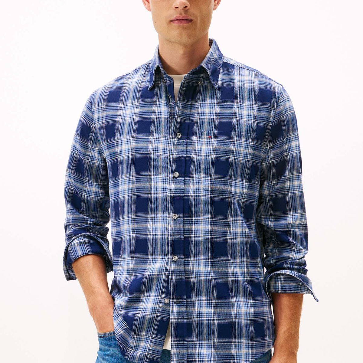 TOMMY HILFIGER - Camisa azul oscuro regular de sarga con cuadros Tommy Hilfiger