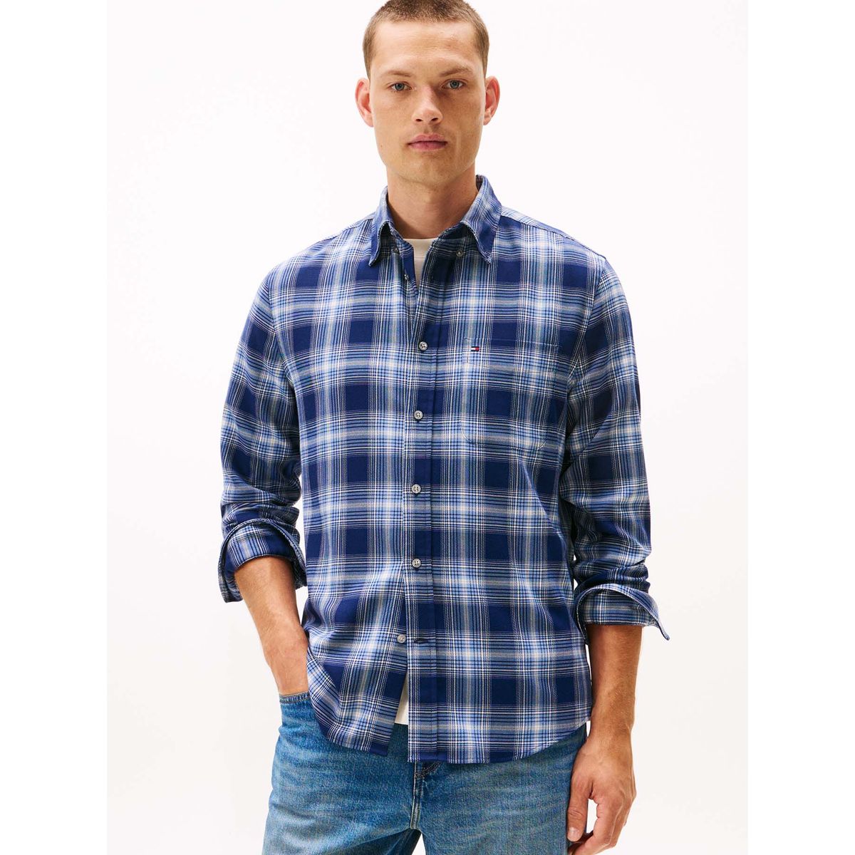 TOMMY HILFIGER - Camisa azul oscuro regular de sarga con cuadros Tommy Hilfiger