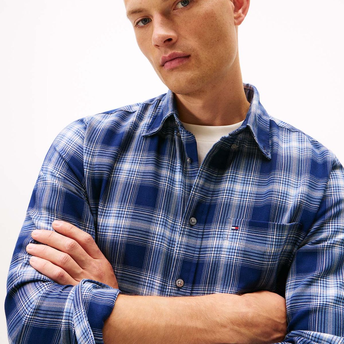 TOMMY HILFIGER - Camisa azul oscuro regular de sarga con cuadros Tommy Hilfiger
