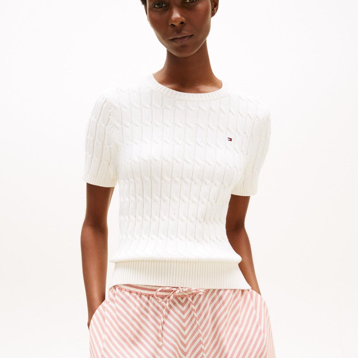 TOMMY HILFIGER - Saco blanco cable con tejido trenzado de cuello redondo  Tommy Hilfiger