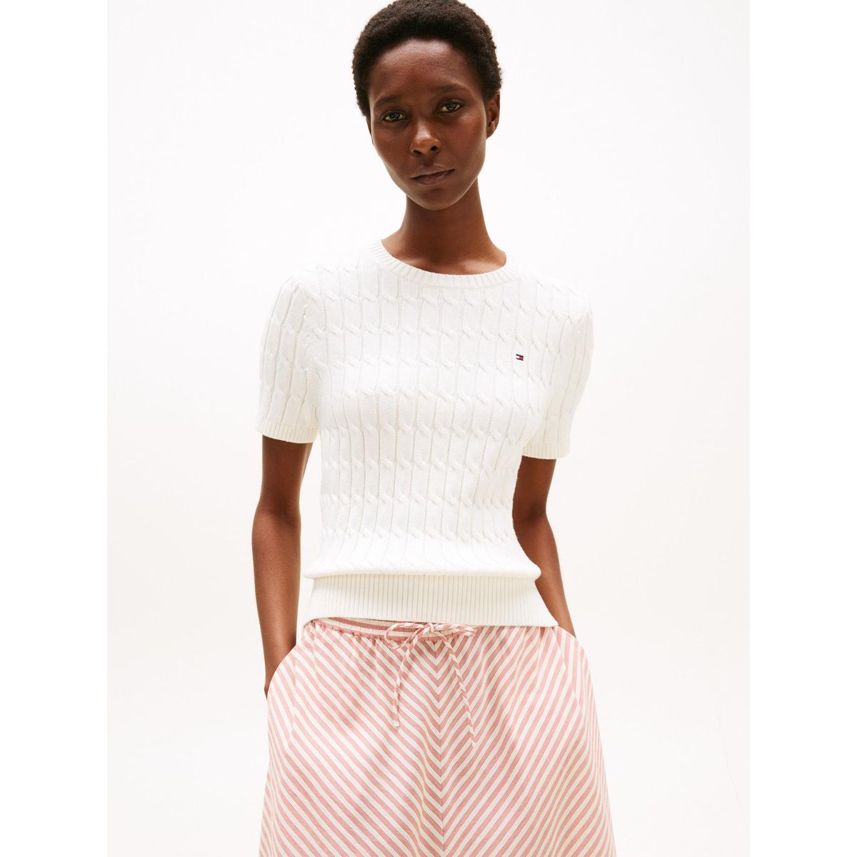 TOMMY HILFIGER - Saco blanco cable con tejido trenzado de cuello redondo  Tommy Hilfiger