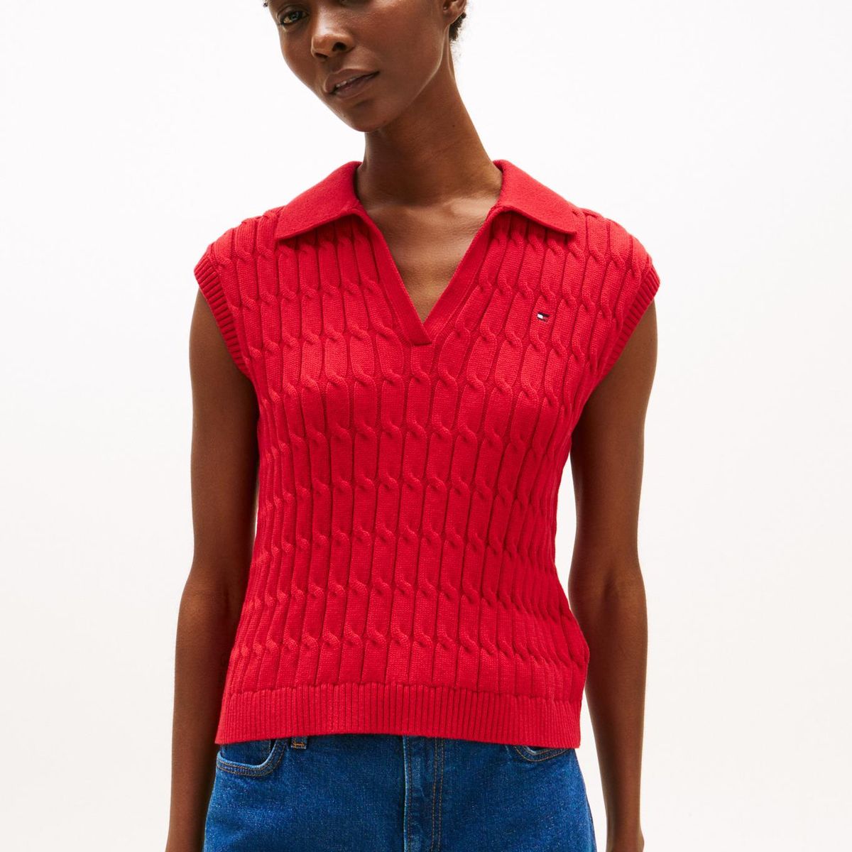 TOMMY HILFIGER - Polo rojo de punto trenzado sin mangas Tommy Hilfiger