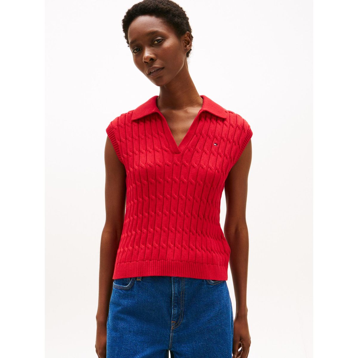 TOMMY HILFIGER - Polo rojo de punto trenzado sin mangas Tommy Hilfiger