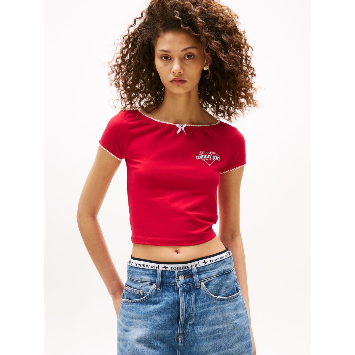 TOMMY HILFIGER - Camiseta roja Tommy Girl cropped con logo Tommy Jeans