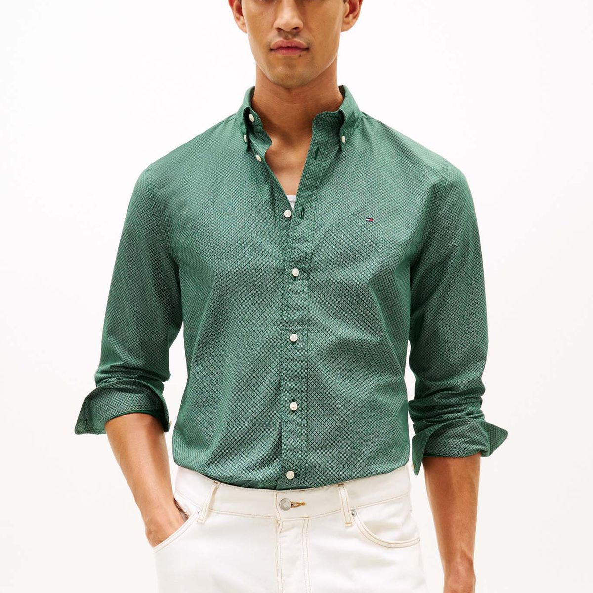 TOMMY HILFIGER - Camisa verde de corte regular flex poplin con micro estampado Tommy Hilfiger