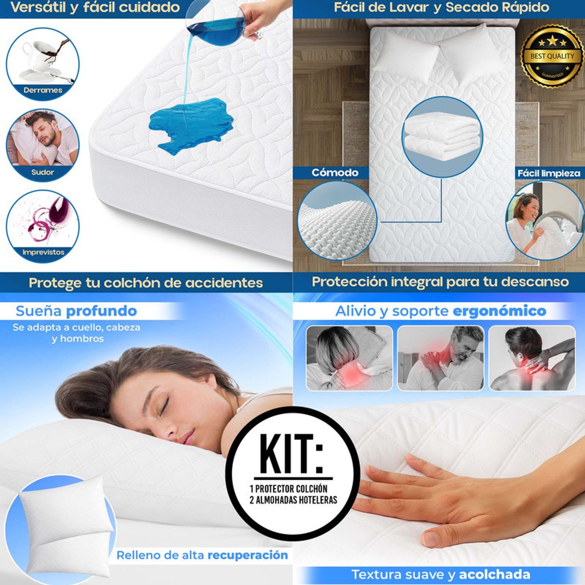 ENERGY PLUS - Combo Cama Semidoble Protector Colchón +2 Almohada Hotelera