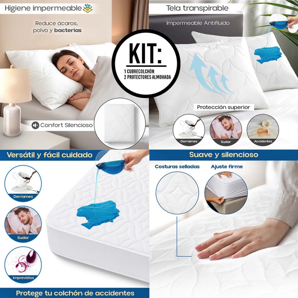 ENERGY PLUS - Combo Cama Semidoble Cubrecolchón + 2 Protectores Almohada