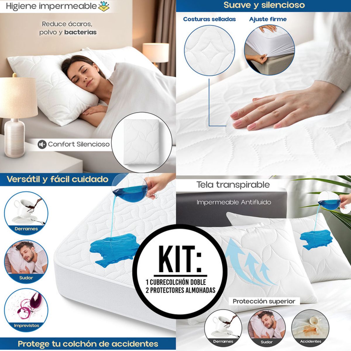 ENERGY PLUS - Combo Cama Doble Cubrecolchón + 2 Protectores Almohada