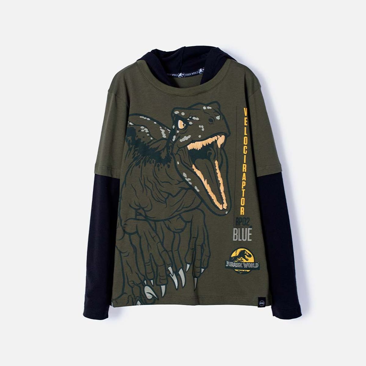 UNIVERSAL - Camiseta de Jurassic manga larga con capucha verde militar para niño