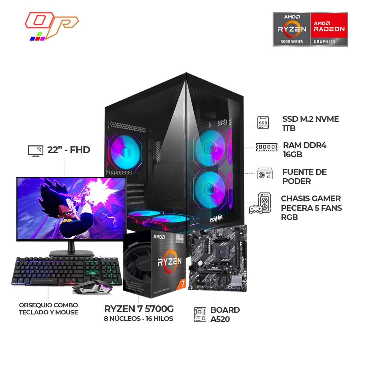 POWER GROUP - PC GAMER RYZEN 7 5700G/ MONITOR 22 FHD/ CHASIS PECERA 5 FANS/ RAM 16GB SSD 1TB