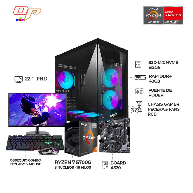 POWER GROUP - PC GAMER RYZEN 7 5700G/ MONITOR 22 FHD/ CHASIS PECERA 5 FANS/ RAM 48GB SSD 512GB