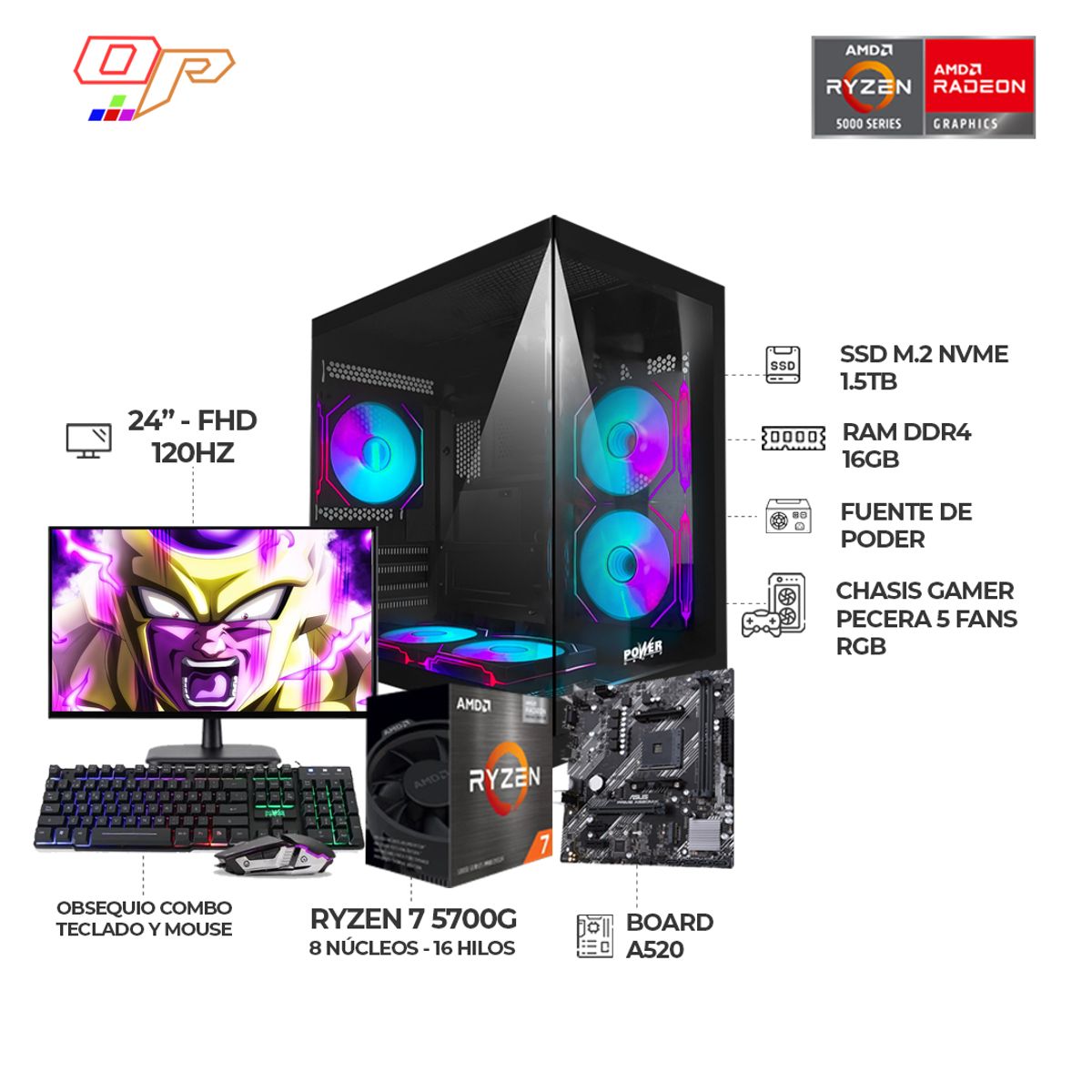 POWER GROUP - PC GAMER R7 5700G/ MONITOR 24" 120HZ FHD/ CHASIS 5 FANS RGB/ RAM 16GB SSD 1.5TB