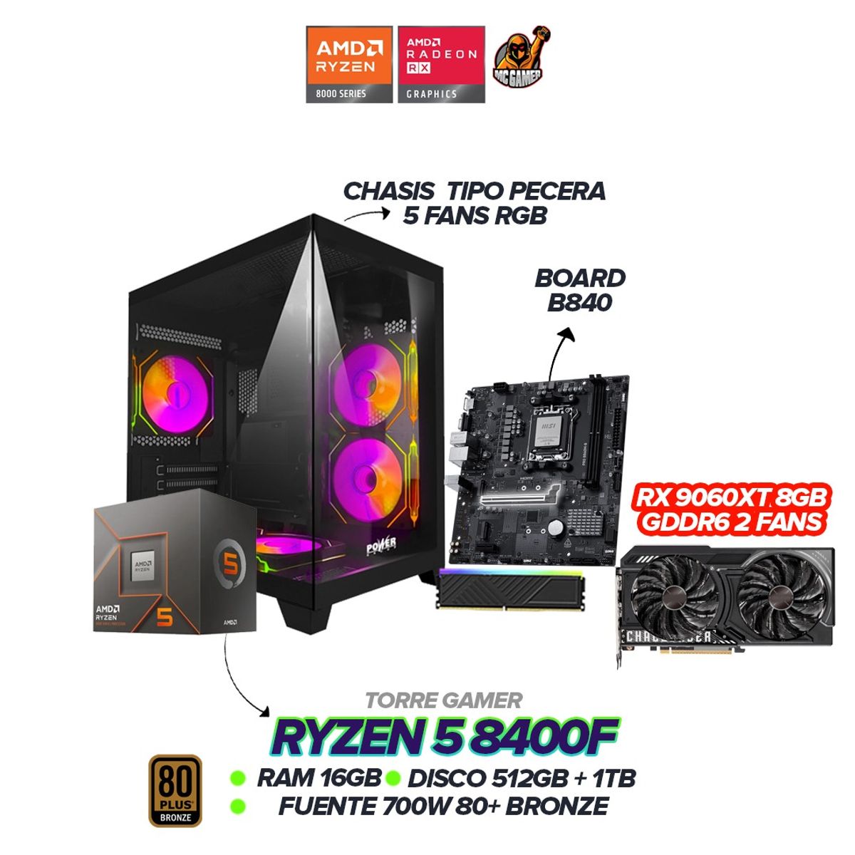 AMD - TORRE GAMER RYZEN 5 8400F / RX 9060XT 8GB / 16GB RAM / SSD 1.5TB / B840 / 700W