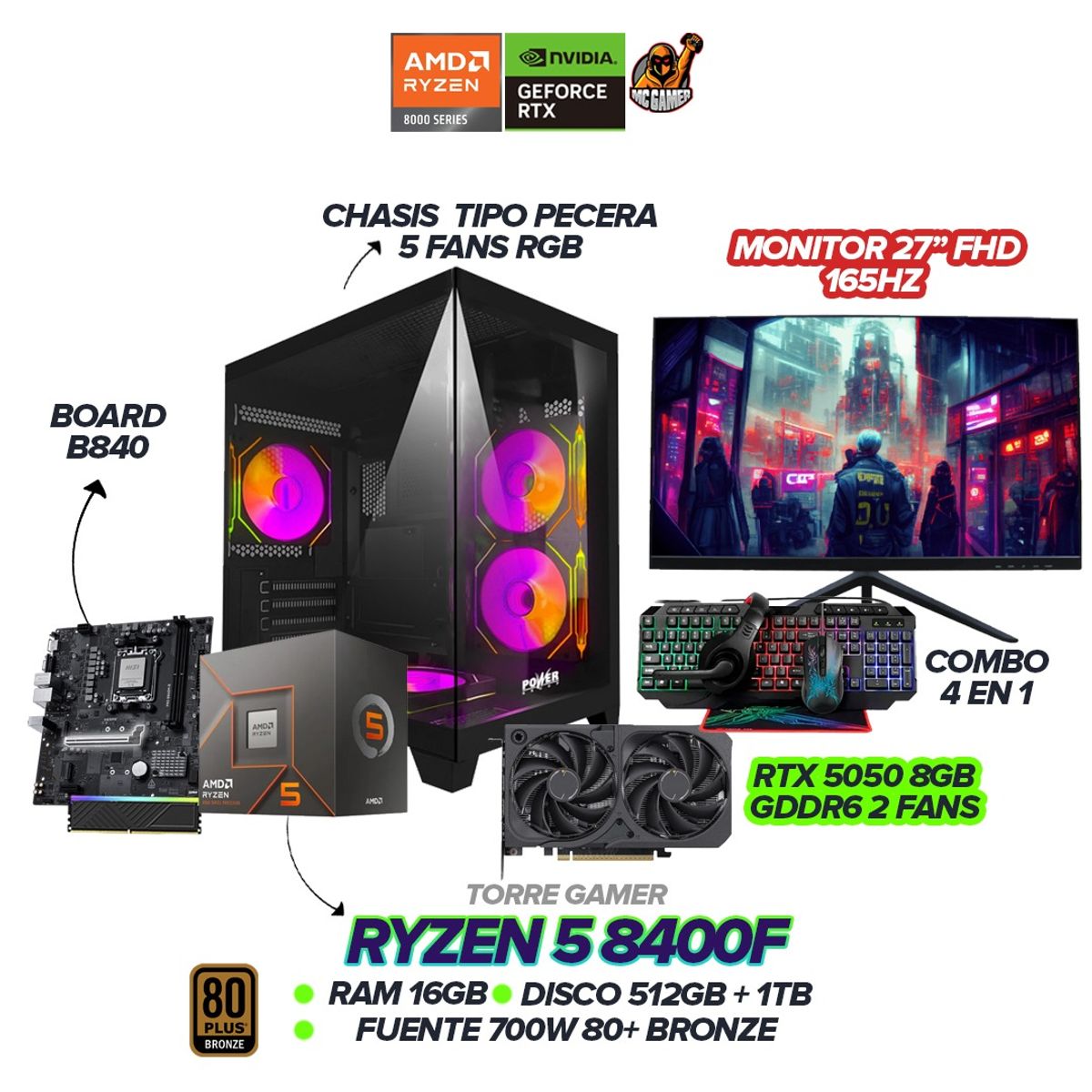 AMD - PC GAMER RYZEN 5 8400F / RTX 5050 8GB / 16GB RAM / SSD 1.5TB / Monitor 27" 165hz