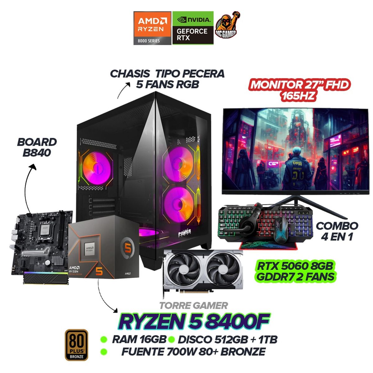 AMD - PC GAMER RYZEN 5 8400F / RTX 5060 8GB / 16GB RAM / SSD 1.5TB / Monitor 27" 165hz
