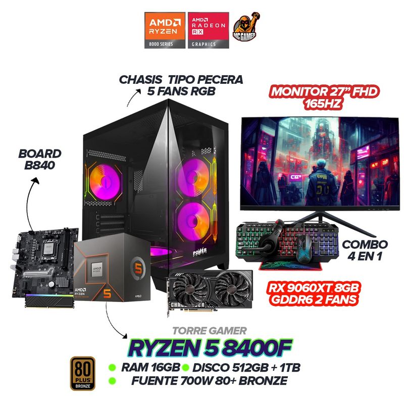 AMD - PC GAMER RYZEN 5 8400F / RX 9060XT 8GB / 16GB RAM / SSD 1.5TB / Monitor 27"165hz