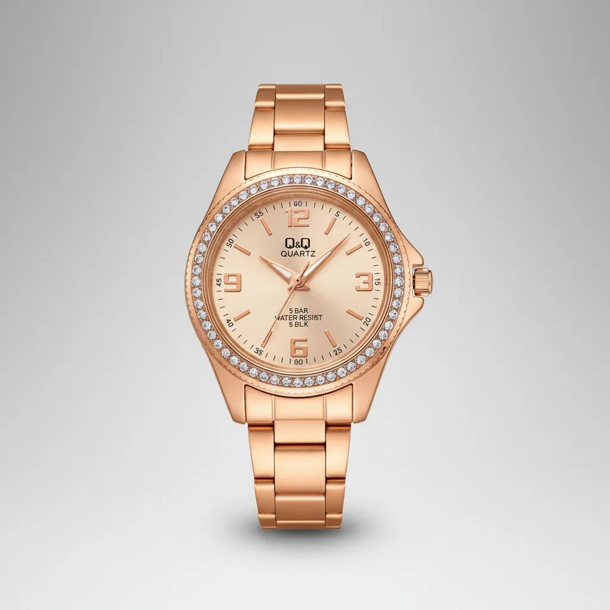 Q&Q - Reloj Q&Q Oro Rosa Con Numeros Piedras Acero Inoxidable Original Caja