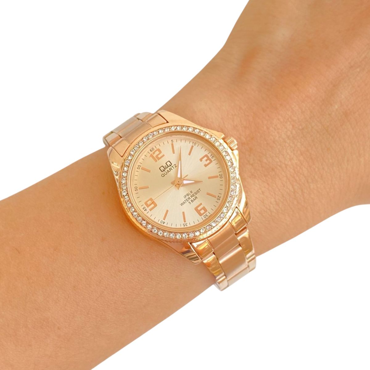 Q&Q - Reloj Q&Q Oro Rosa Con Numeros Piedras Acero Inoxidable Original Caja