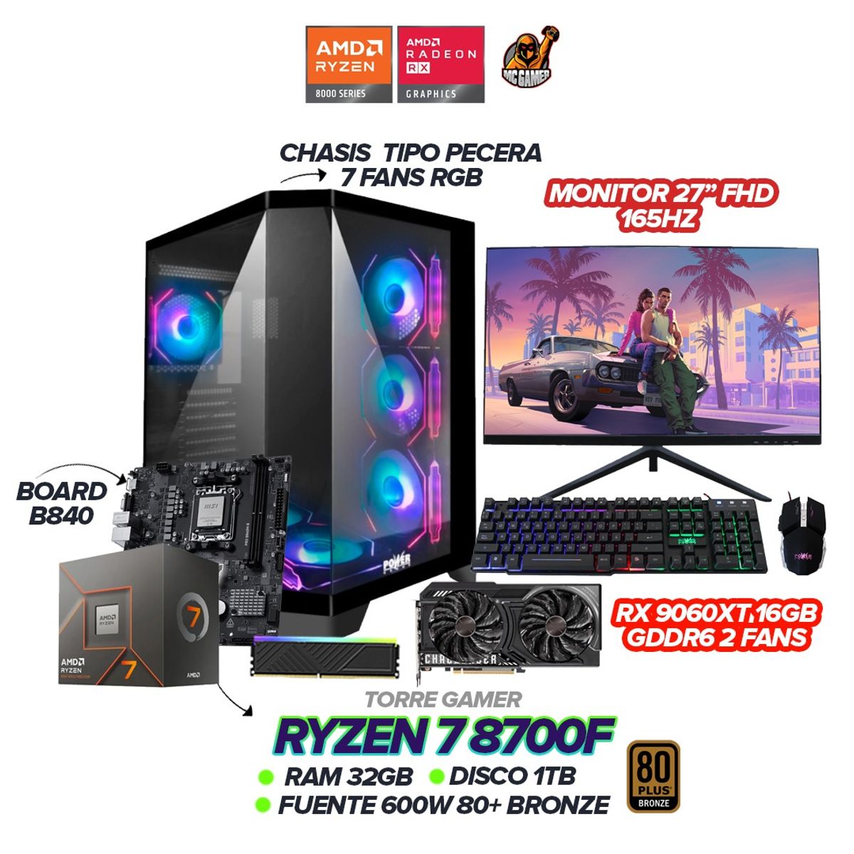 AMD - PC GAMER RYZEN 7 8700F / RX 9060XT 16GB / 32GB / 1TB / B840 /7 FANS / 27" FHD