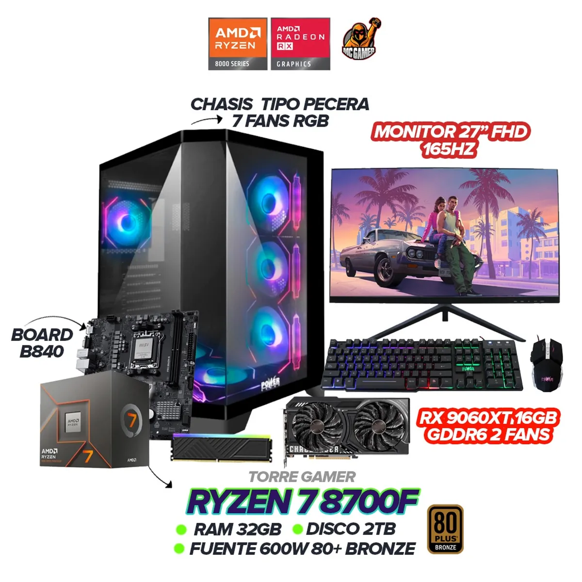 AMD - PC GAMER RYZEN 7 8700F / RX 9060XT 16GB / 32GB / 2TB / B840 /7 FANS / 27" FHD